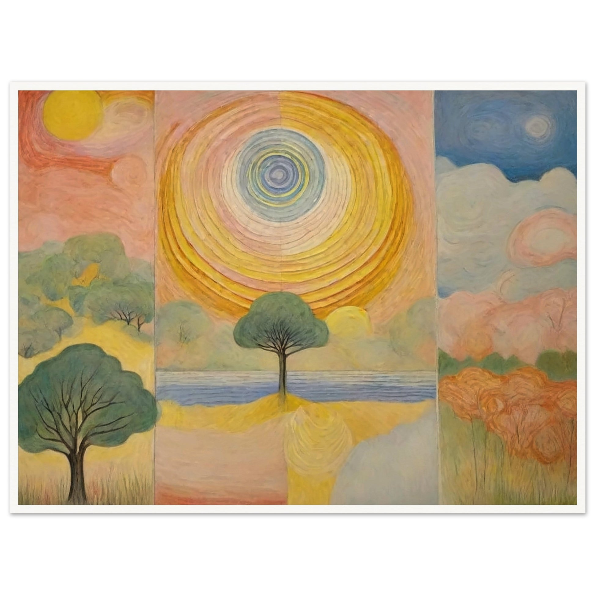 A vibrant painting featuring a large sun at the center, surrounded by abstract trees and colorful landscapes on either side.