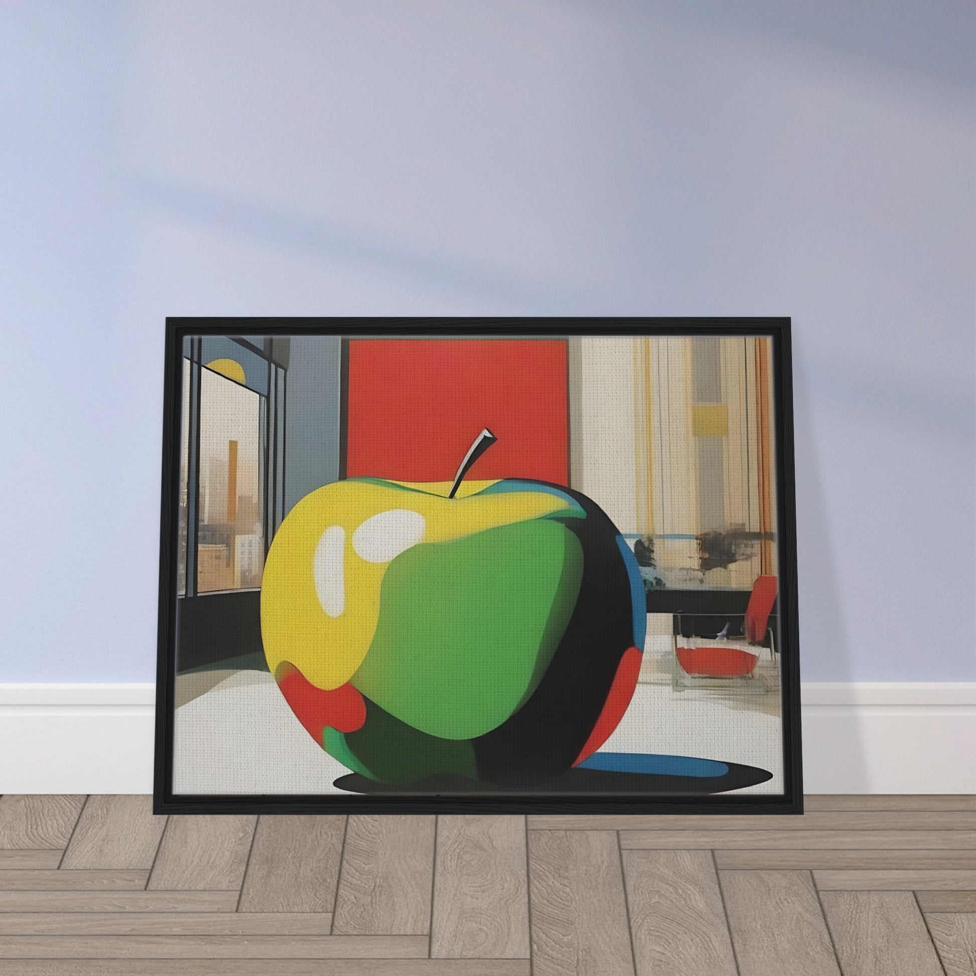 Modern artwork depicting a vibrant, oversized apple in a contemporary room with cityscape views and bold geometric shapes.