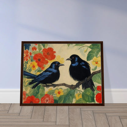 "A vibrant painting of two black birds perched on a branch surrounded by lush red and yellow flowers and green foliage, set against a soft background."