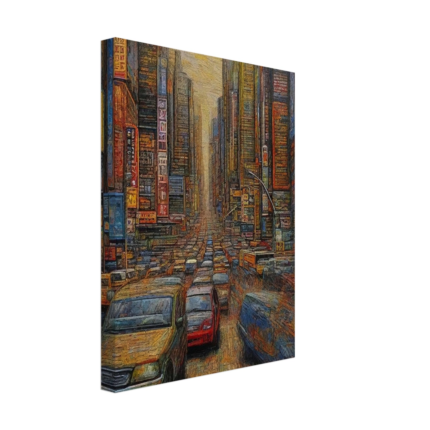 "A detailed painting of a busy urban street filled with cars and surrounded by towering skyscrapers, neon signs, and a warm, hazy sky overhead."