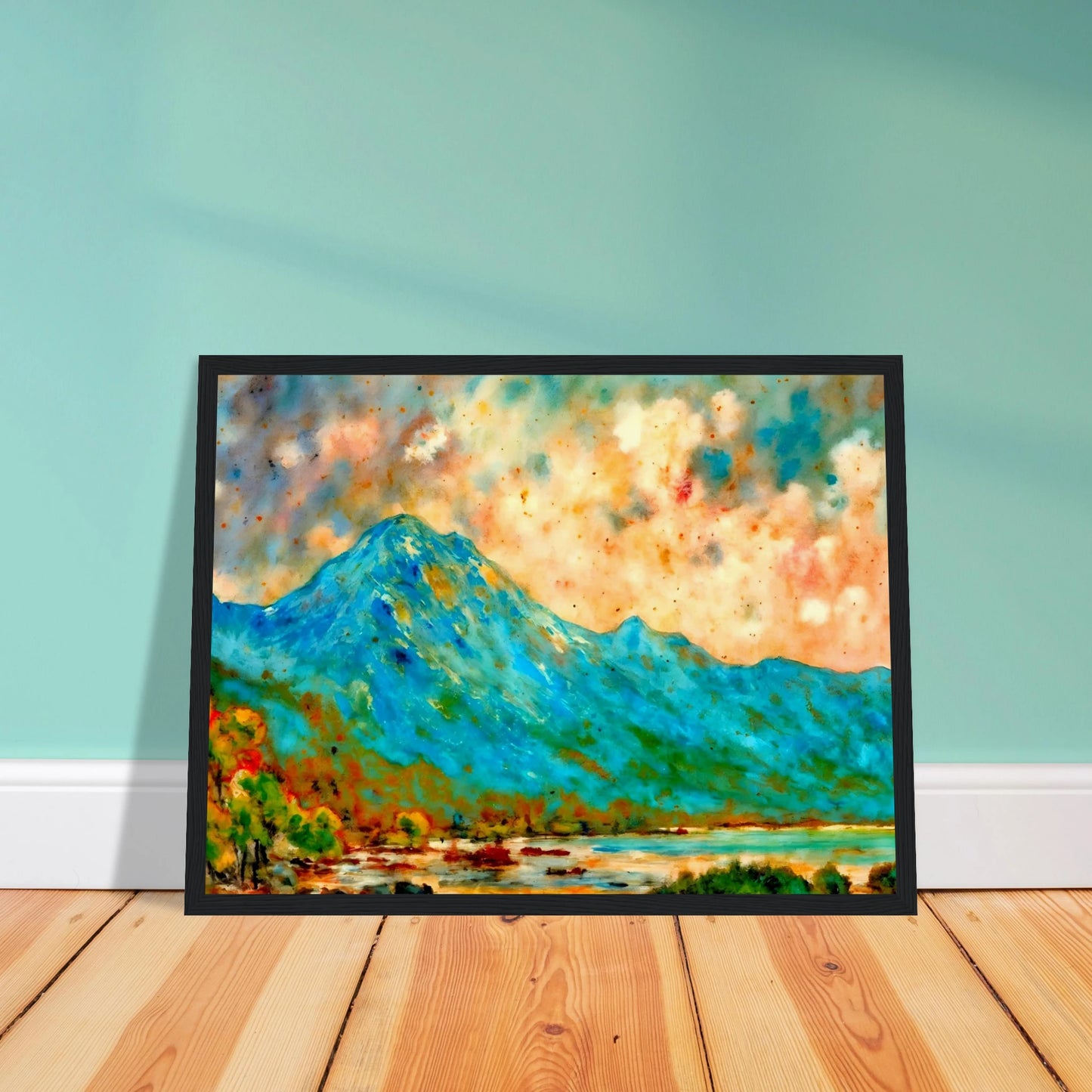 Vivid blue mountain rising above reflective waters beneath a luminous peach and turquoise sky, bursting with expressive color and energy.