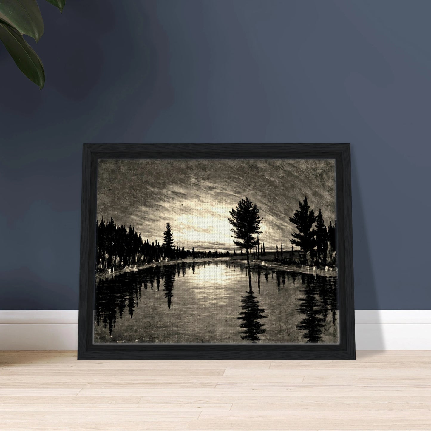 A serene black and white landscape of tall trees reflected in a still river beneath a dimly lit, textured evening sky.