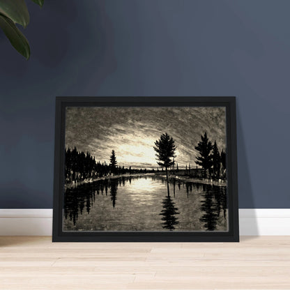 A serene black and white landscape of tall trees reflected in a still river beneath a dimly lit, textured evening sky.