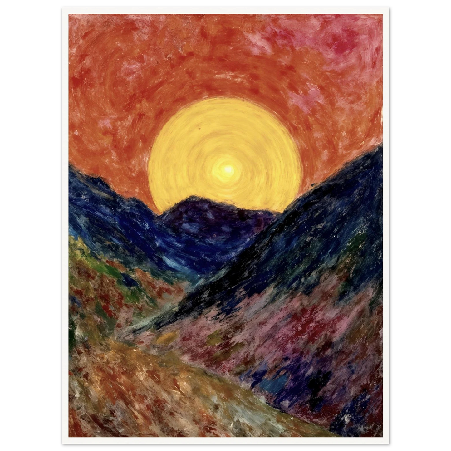 A vivid sunset over deep blue mountains with a glowing golden sun radiating warmth across the textured, colorful valley.