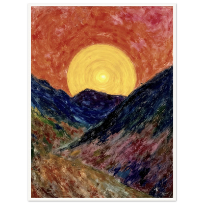A vivid sunset over deep blue mountains with a glowing golden sun radiating warmth across the textured, colorful valley.
