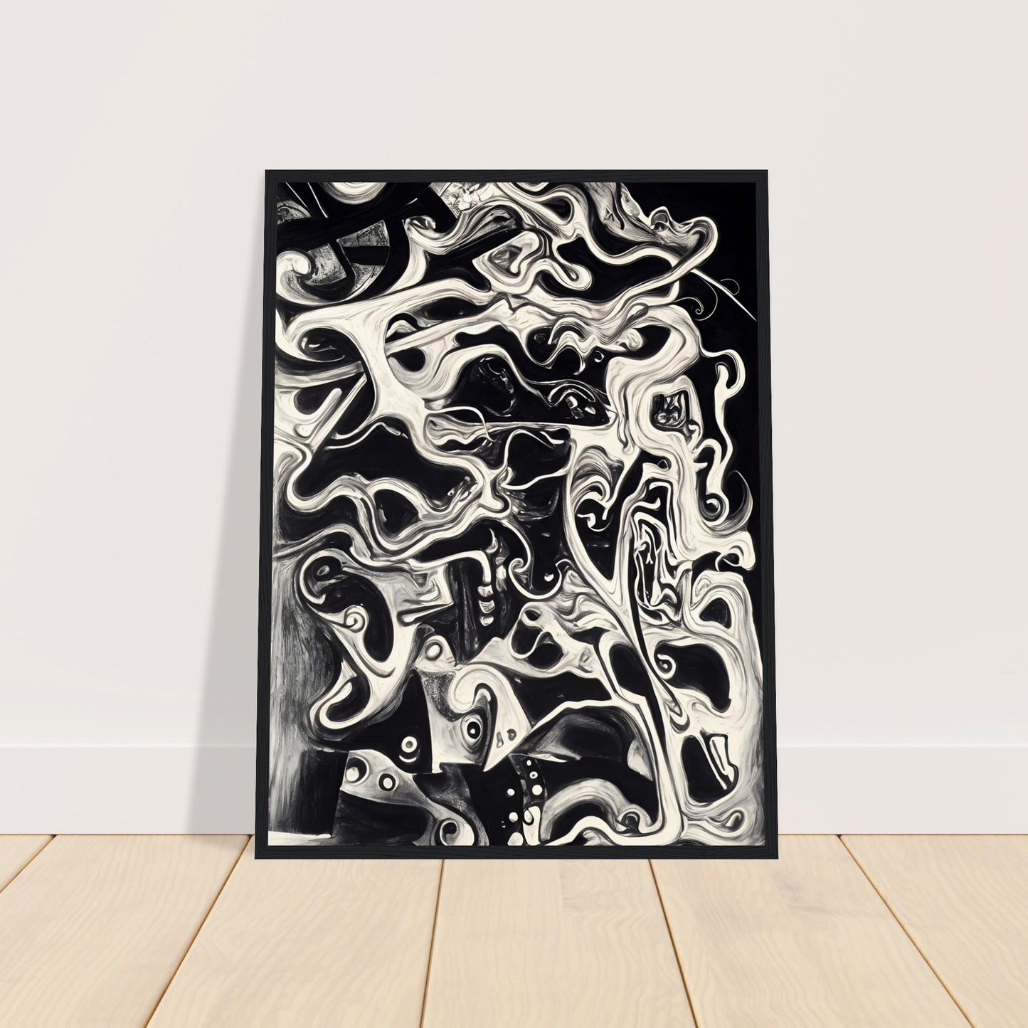 A mesmerizing black and white fluid composition, intertwining abstract faces and swirling patterns, evoking mystery and depth.