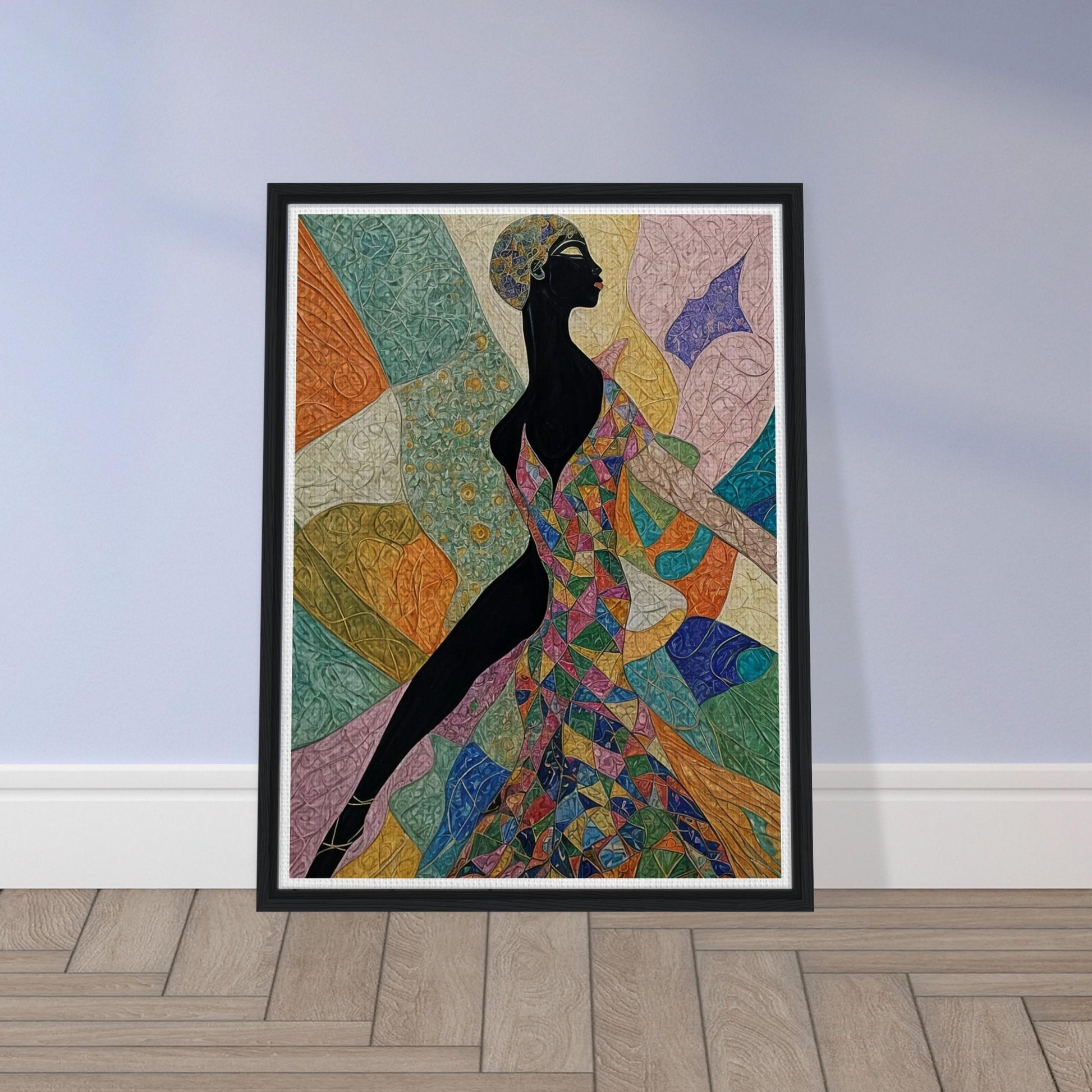 "A dynamic painting featuring a woman in a bold, geometric dress full of colors, poised in elegant motion, set against a vibrant abstract background."