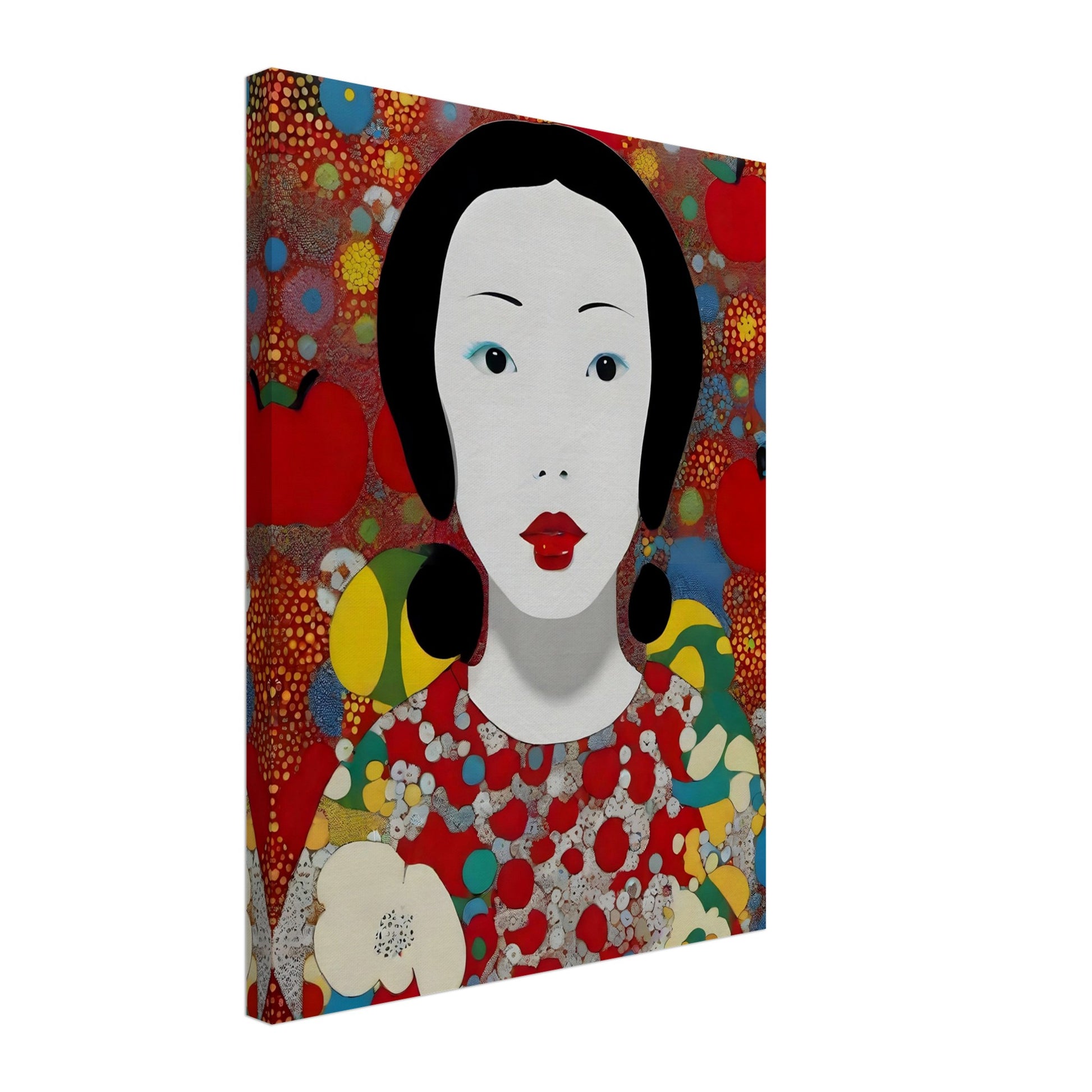 A stunning portrait of a woman with striking red lips and black hair, surrounded by vibrant abstract patterns of red, yellow, and blue.