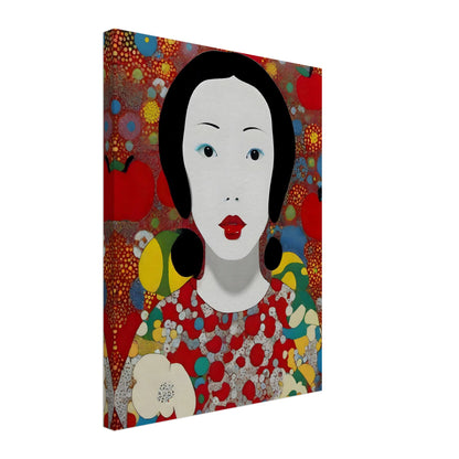 A stunning portrait of a woman with striking red lips and black hair, surrounded by vibrant abstract patterns of red, yellow, and blue.