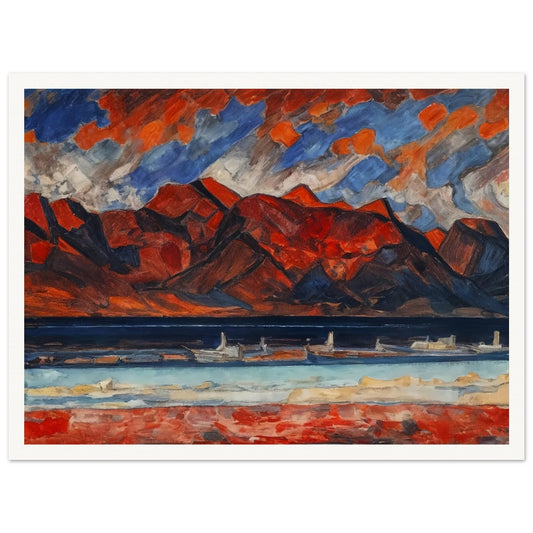 A striking landscape painting with red mountains under a dramatic sky, reflecting vibrant hues in a serene body of water.