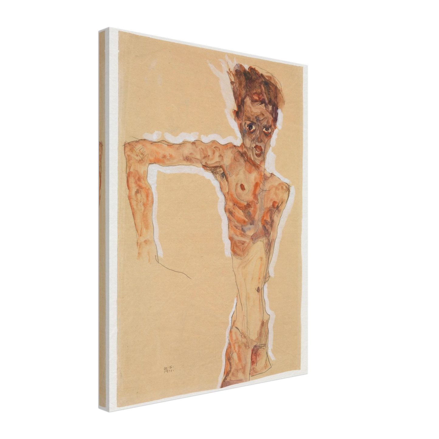 A gaunt male figure twists sharply, rendered in orange-brown washes and dark lines on tan paper.