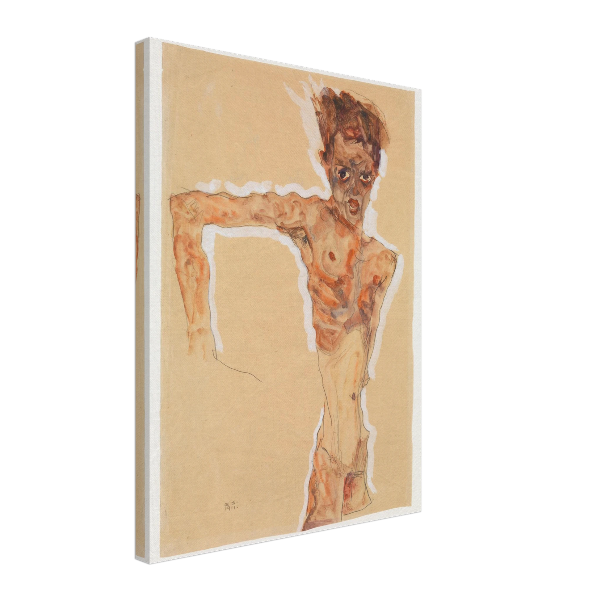 A gaunt male figure twists sharply, rendered in orange-brown washes and dark lines on tan paper.