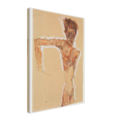 A gaunt male figure twists sharply, rendered in orange-brown washes and dark lines on tan paper.