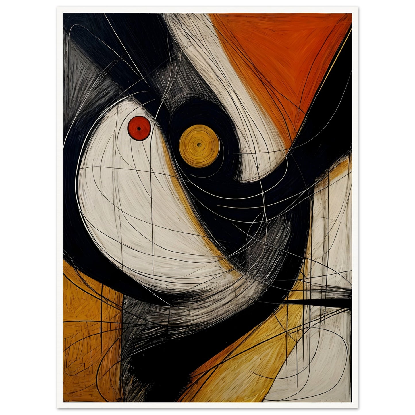 An abstract artwork featuring bold black, white, and orange shapes with dynamic, swirling lines and circular accents in red and yellow.