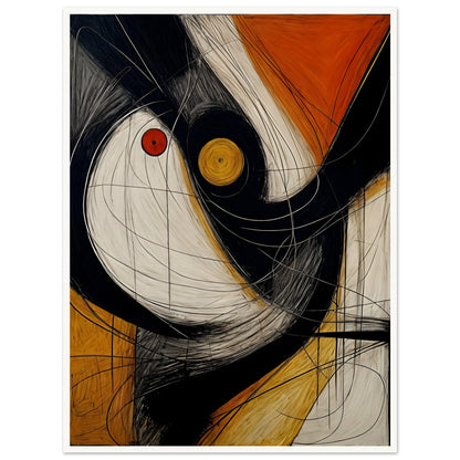 An abstract artwork featuring bold black, white, and orange shapes with dynamic, swirling lines and circular accents in red and yellow.