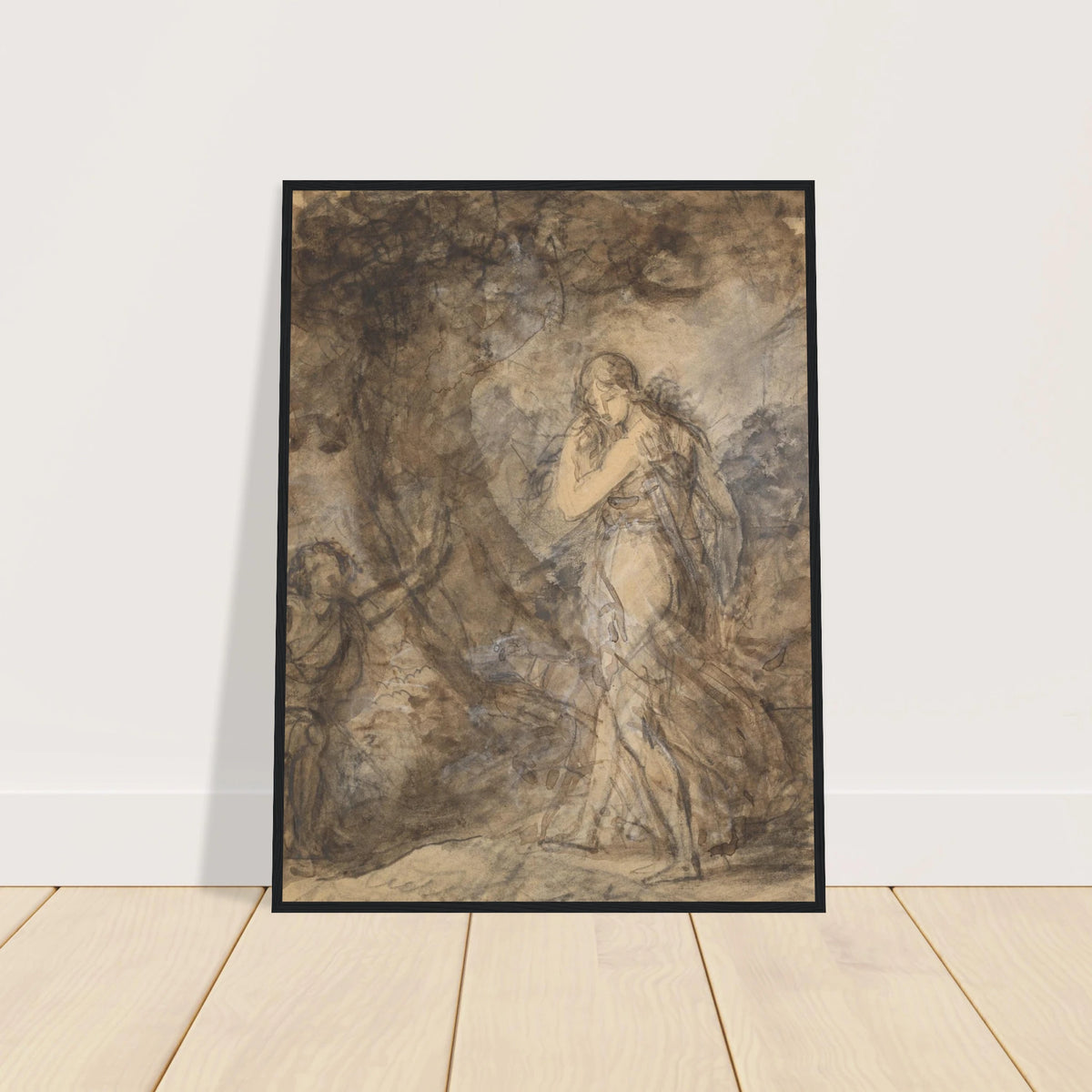 Daphnis runs toward Chloe in a loosely sketched woodland scene, rendered in soft brown and gray washes.