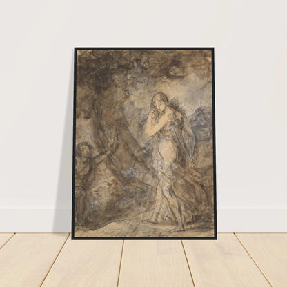 Daphnis runs toward Chloe in a loosely sketched woodland scene, rendered in soft brown and gray washes.