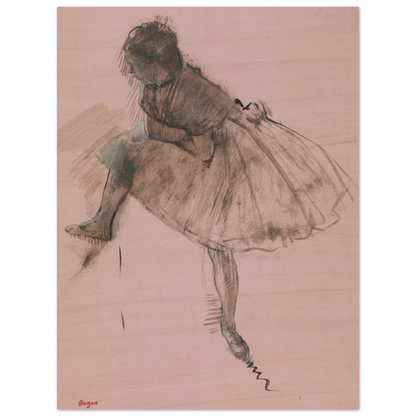 A seated ballerina in a full tutu bends forward, rendered in dark strokes on soft pink paper.