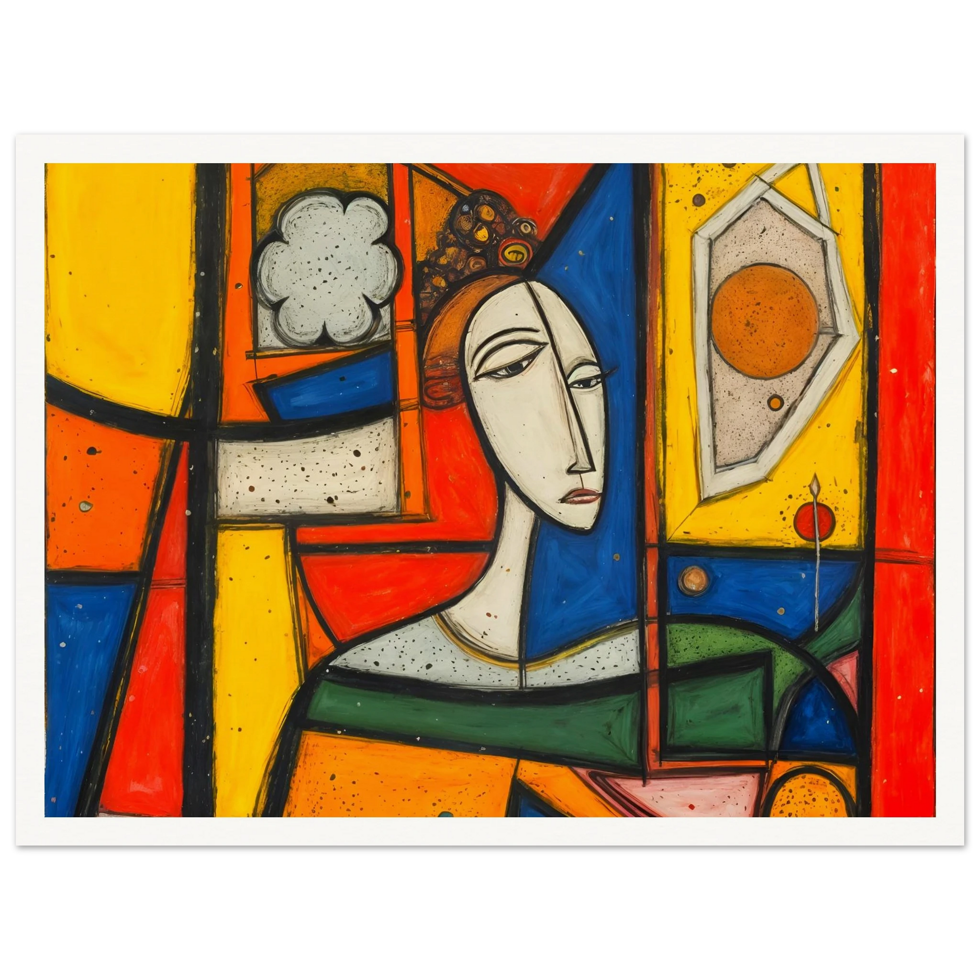 A bold cubist portrait of a woman framed by vivid red, yellow, blue, and green panels with striking geometric forms.
