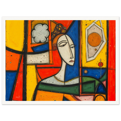 A bold cubist portrait of a woman framed by vivid red, yellow, blue, and green panels with striking geometric forms.