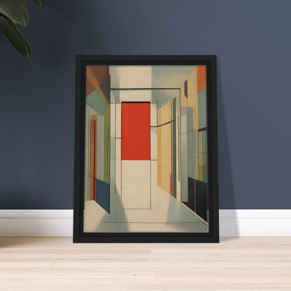 An abstract artwork featuring geometric shapes forming a modern corridor with a prominent red panel at the center, surrounded by muted tones of beige, green, and orange.