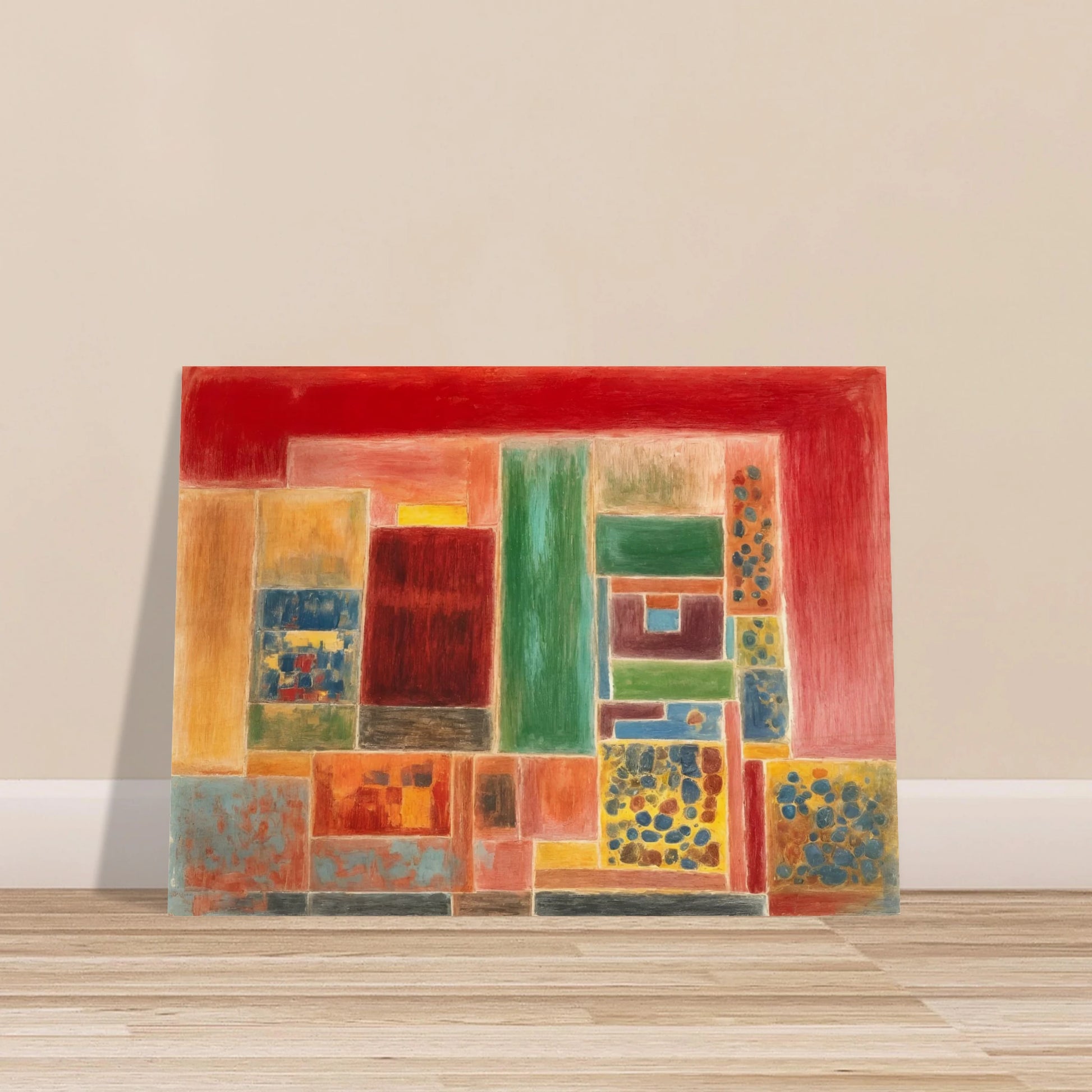 A vivid patchwork of red, green, yellow, and blue rectangles forming a rhythmic grid of warmth and texture.