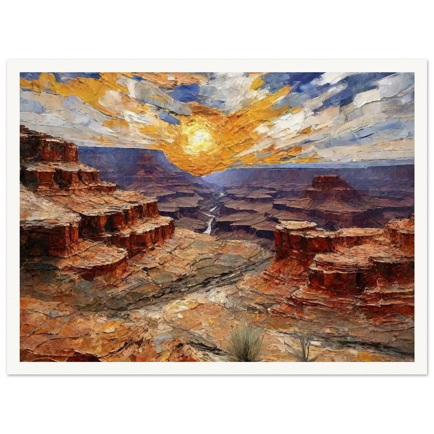"A dramatic painting of a canyon at sunset, with layers of rocky red cliffs and a radiant golden sun casting light across the vast landscape."