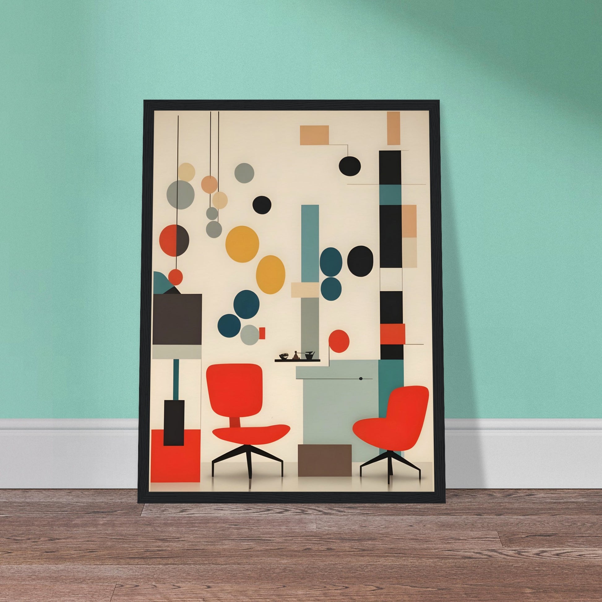 A modern artwork featuring red chairs, abstract geometric shapes, and muted tones of teal, beige, and black, evoking mid-century modern design.