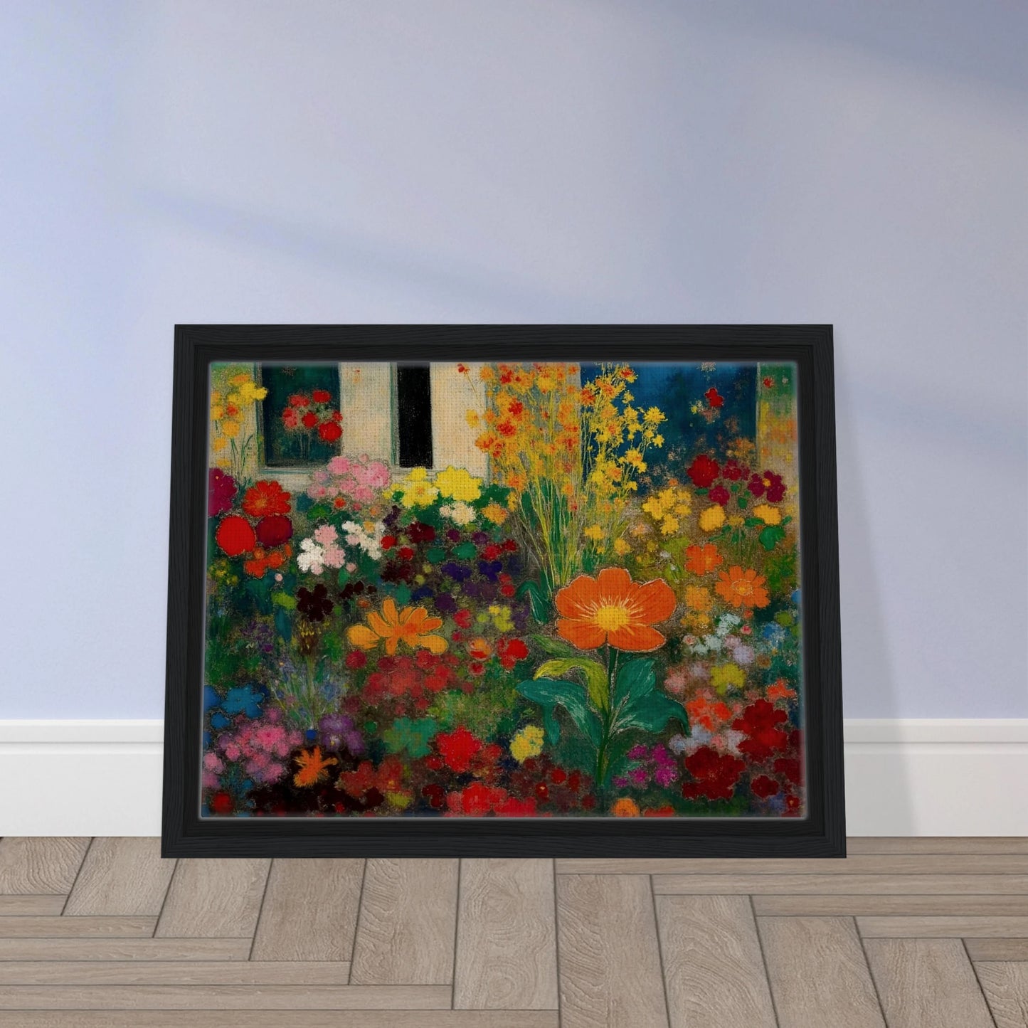 Colorful garden blooms gather before a blue door and window, led by a bright orange flower.