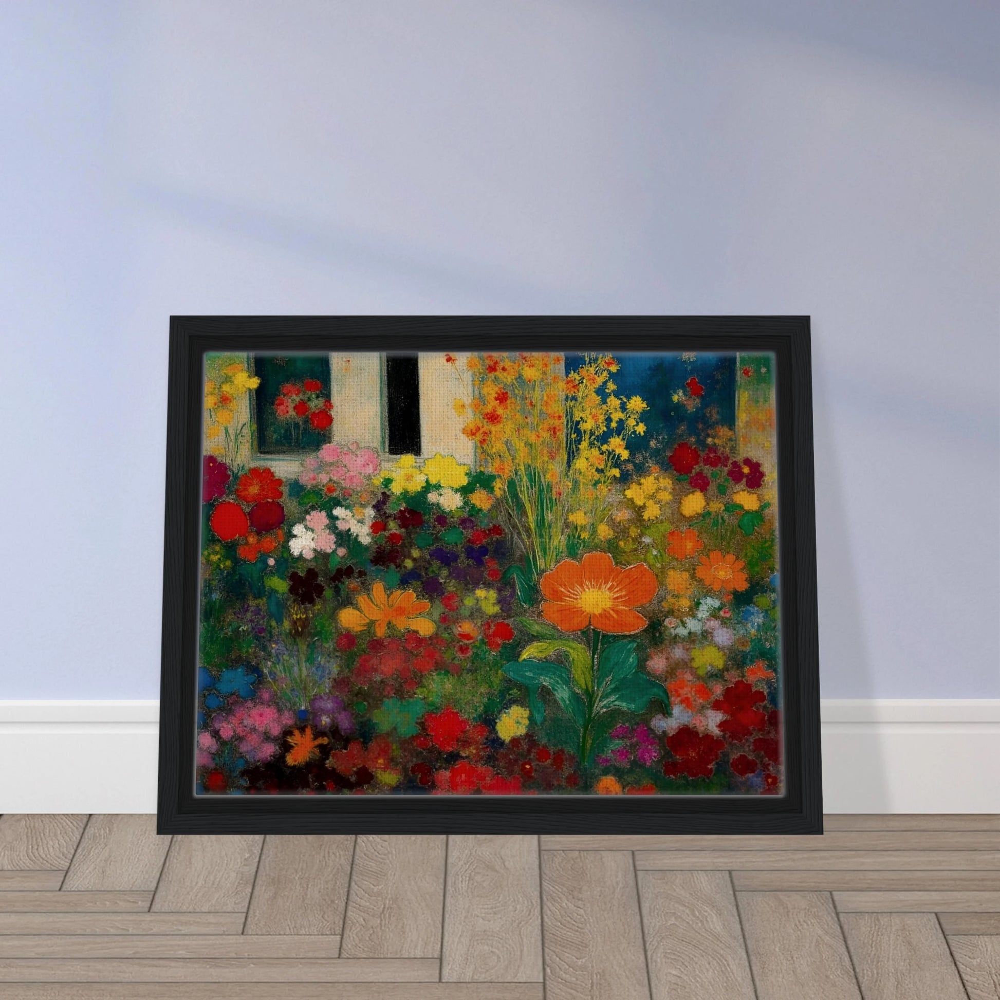 Colorful garden blooms gather before a blue door and window, led by a bright orange flower.