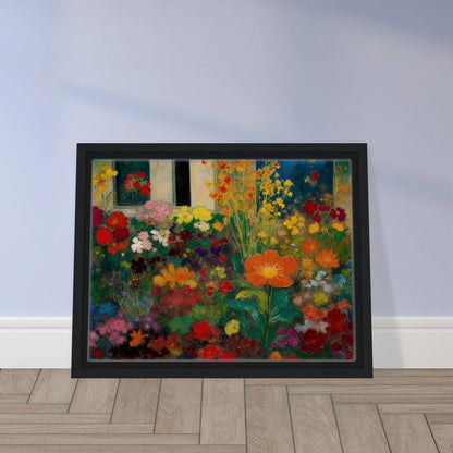 Colorful garden blooms gather before a blue door and window, led by a bright orange flower.