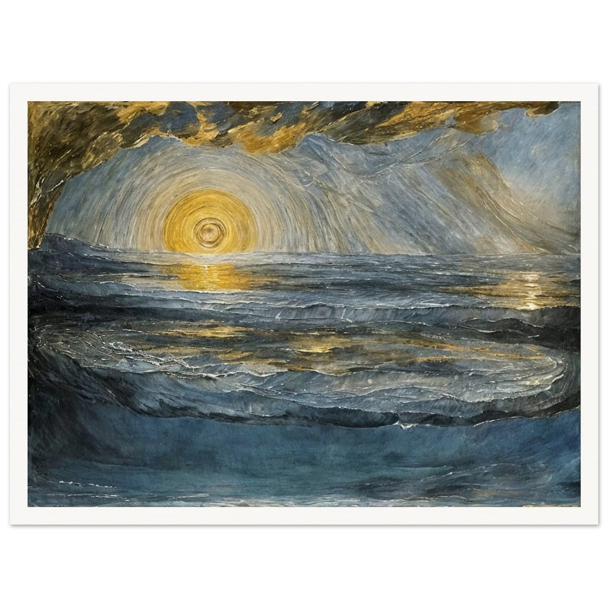 A stunning seascape painting with a radiant golden sun reflecting on the rippling waves, surrounded by dramatic clouds and cool blue tones.