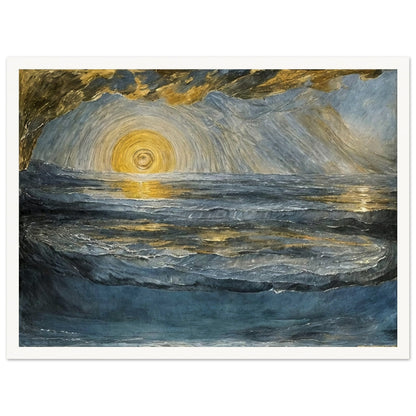 A stunning seascape painting with a radiant golden sun reflecting on the rippling waves, surrounded by dramatic clouds and cool blue tones.