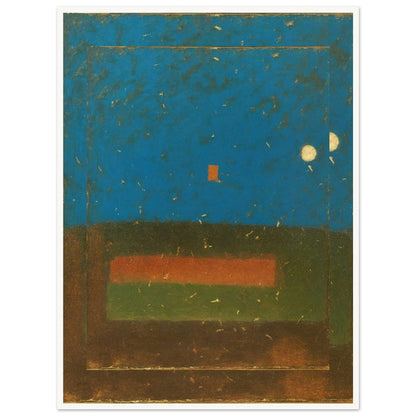 Minimalist painting featuring a deep blue sky with two glowing moons and a small orange square over a layered earth-toned foreground.