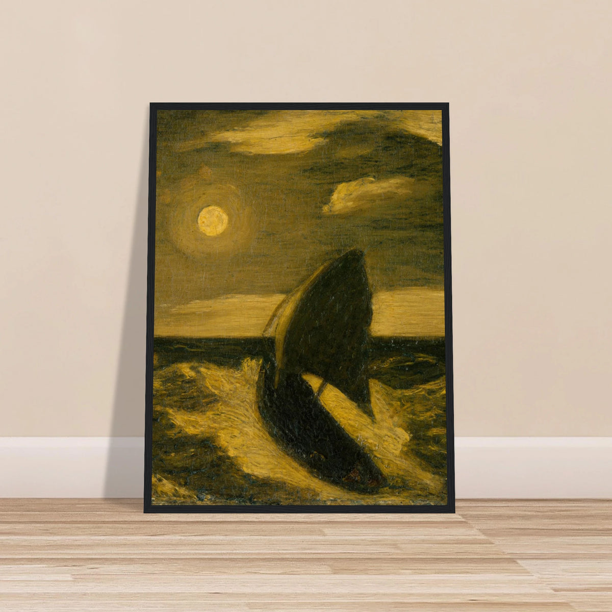 A dark sailboat rides a moonlit sea under golden clouds and a glowing full moon.