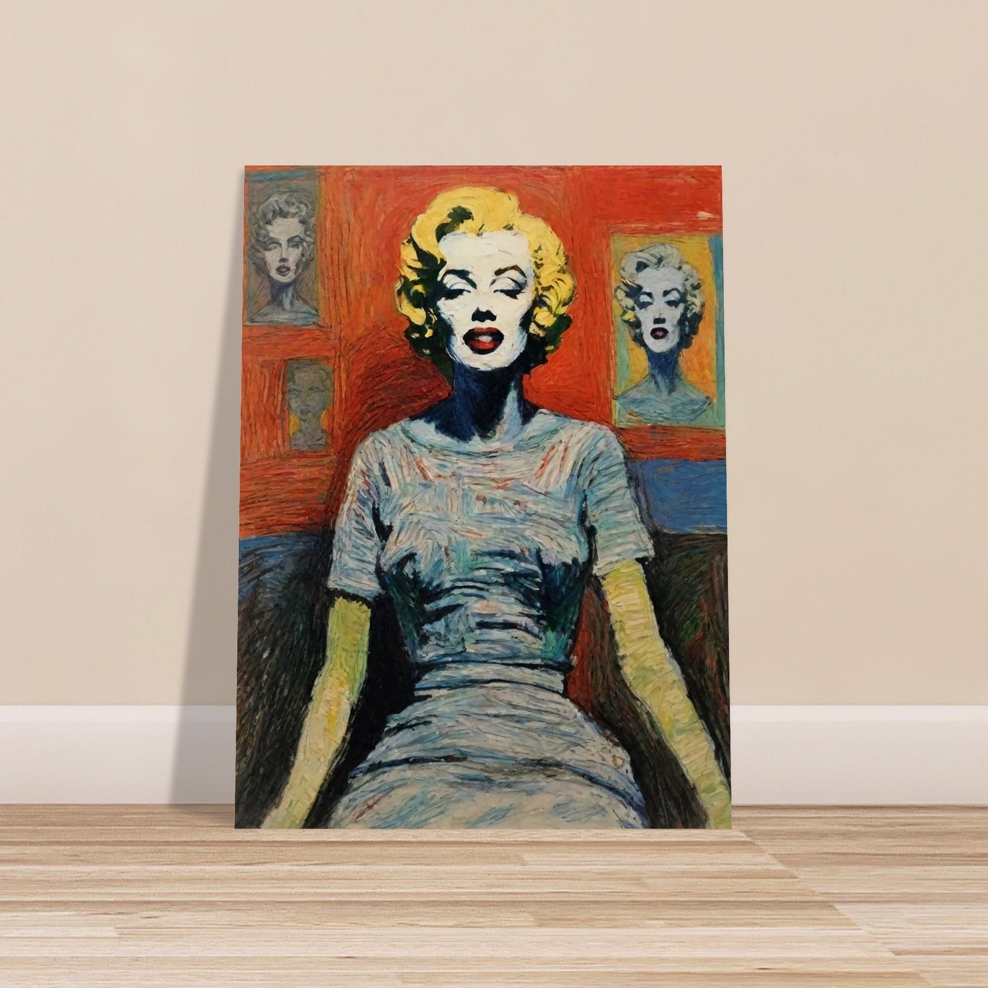 A colorful painting of a woman with blonde hair and vibrant makeup, inspired by the style of Marilyn Monroe.