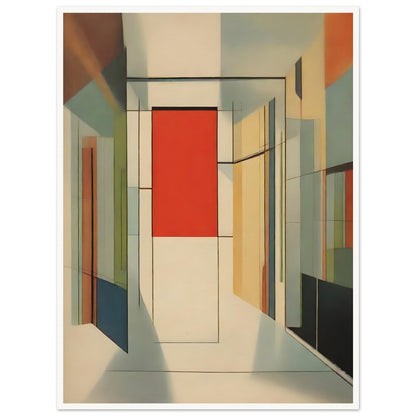 An abstract artwork featuring geometric shapes forming a modern corridor with a prominent red panel at the center, surrounded by muted tones of beige, green, and orange.