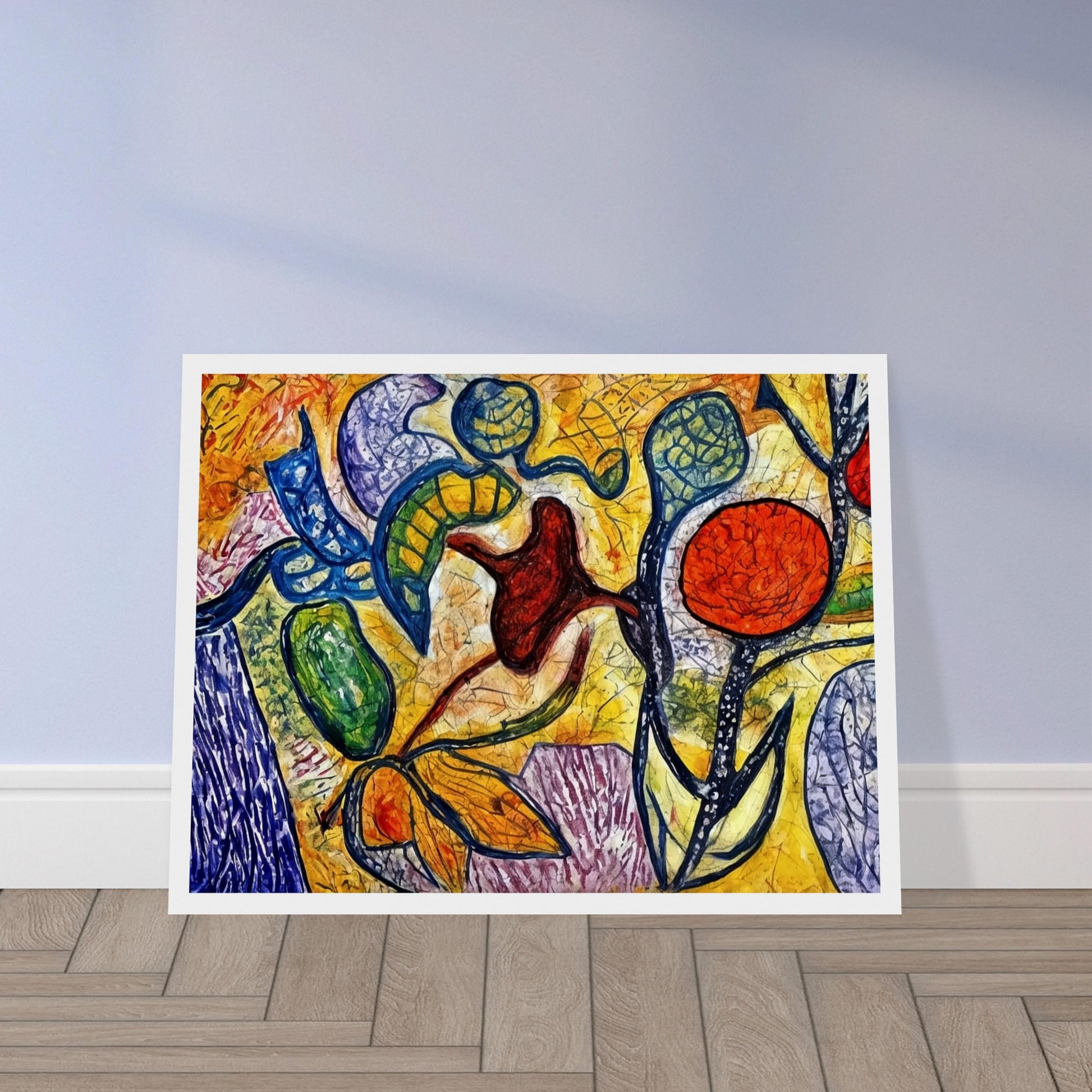 A colorful abstract painting featuring bold outlines of plants, fruits, and leaves in vibrant reds, yellows, blues, and greens