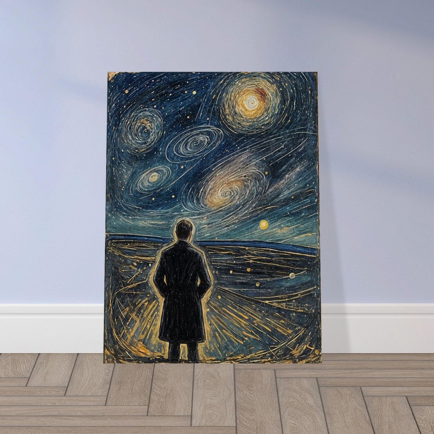 A figure stands on a vast plain, gazing up at a swirling, star-filled night sky with spiral galaxies glowing above.