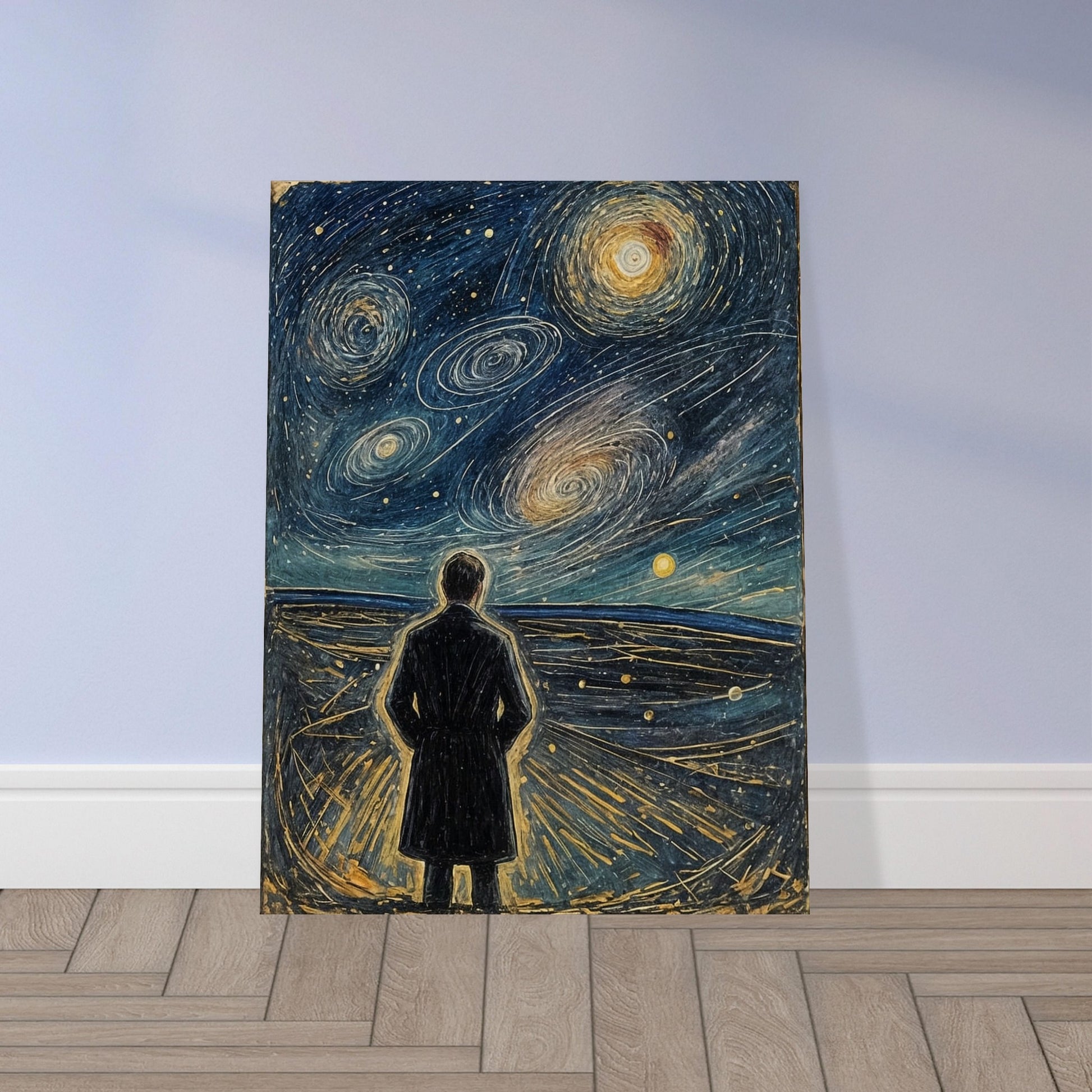 A figure stands on a vast plain, gazing up at a swirling, star-filled night sky with spiral galaxies glowing above.