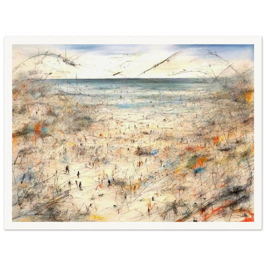 "A dynamic beach scene with hundreds of tiny figures drawn in thin, colorful strokes, blending into a textured and abstract seascape."