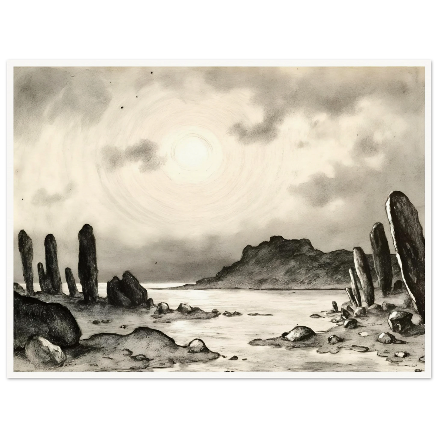 Monochrome dreamscape of towering stone formations beside a tranquil shore beneath a glowing celestial sky, evoking mystery and timeless solitude.