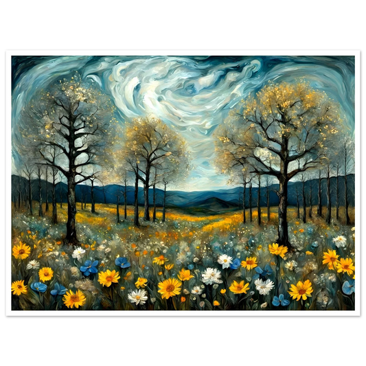 A mystical meadow under a swirling night sky, with golden trees and vibrant wildflowers glowing in the moonlight.