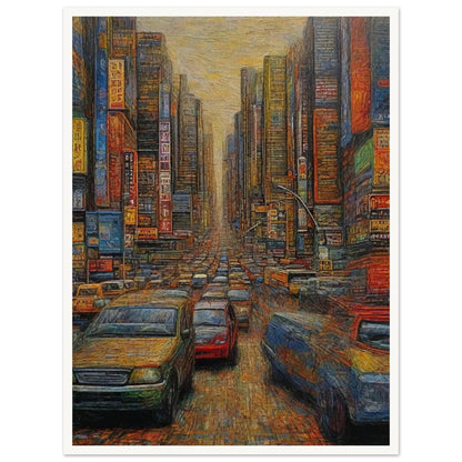 "A detailed painting of a busy urban street filled with cars and surrounded by towering skyscrapers, neon signs, and a warm, hazy sky overhead."