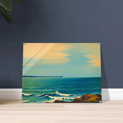 A serene seascape with gentle blue waves and a soft golden sky, capturing the calm rhythm of the ocean at dusk.