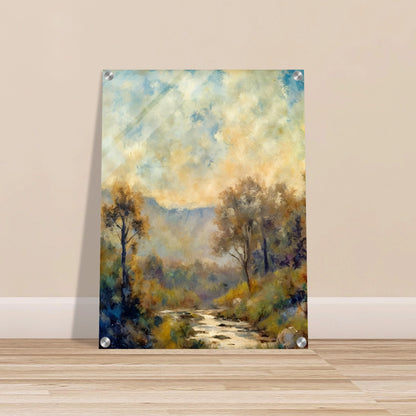 A misty river winds through a sun-dappled forest with soft blue mountains and cloudy skies in the distance.