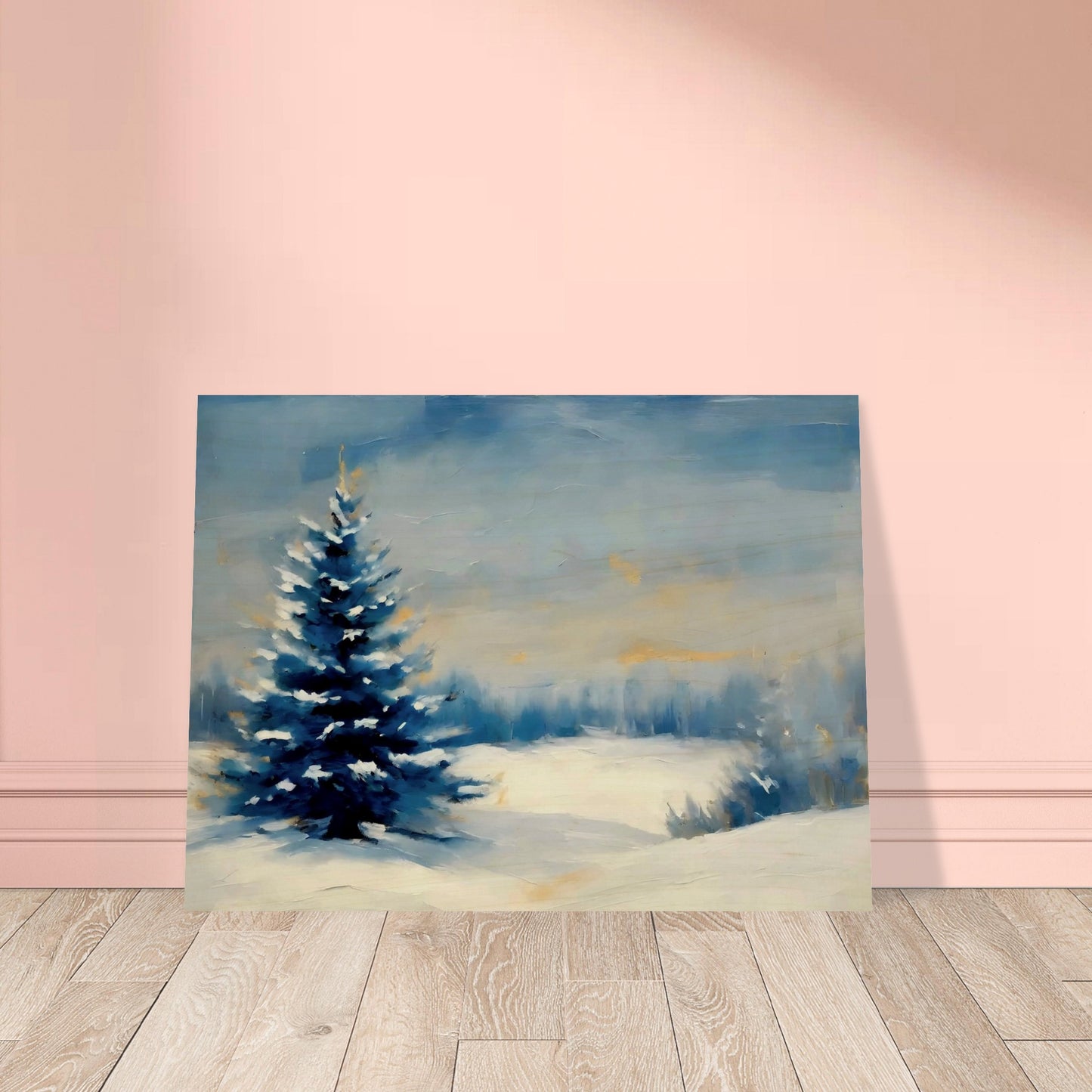 A peaceful winter landscape featuring a lone snow-covered pine tree in a vast snowy field, under a soft, hazy blue and golden sky.