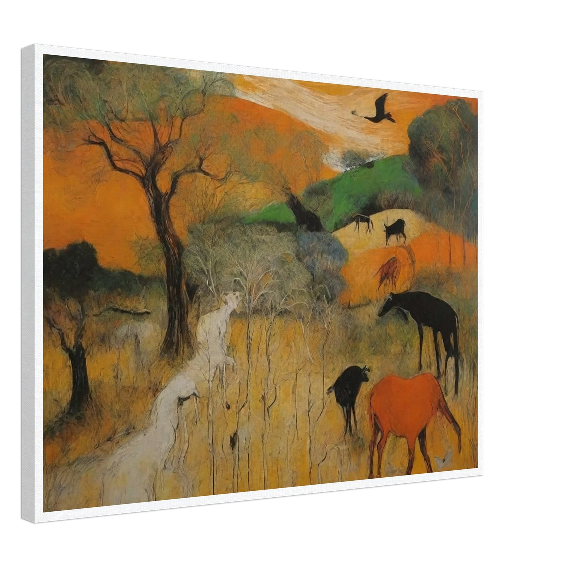 A vivid depiction of various wild animals grazing and roaming in a vibrant, colorful landscape with trees and open fields.