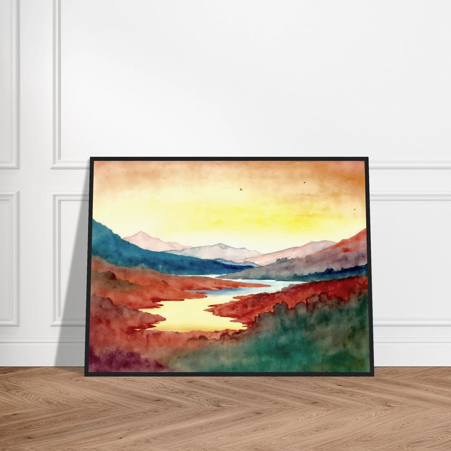 A luminous river winds through crimson hills and distant mountains beneath a glowing sky washed with warm light.