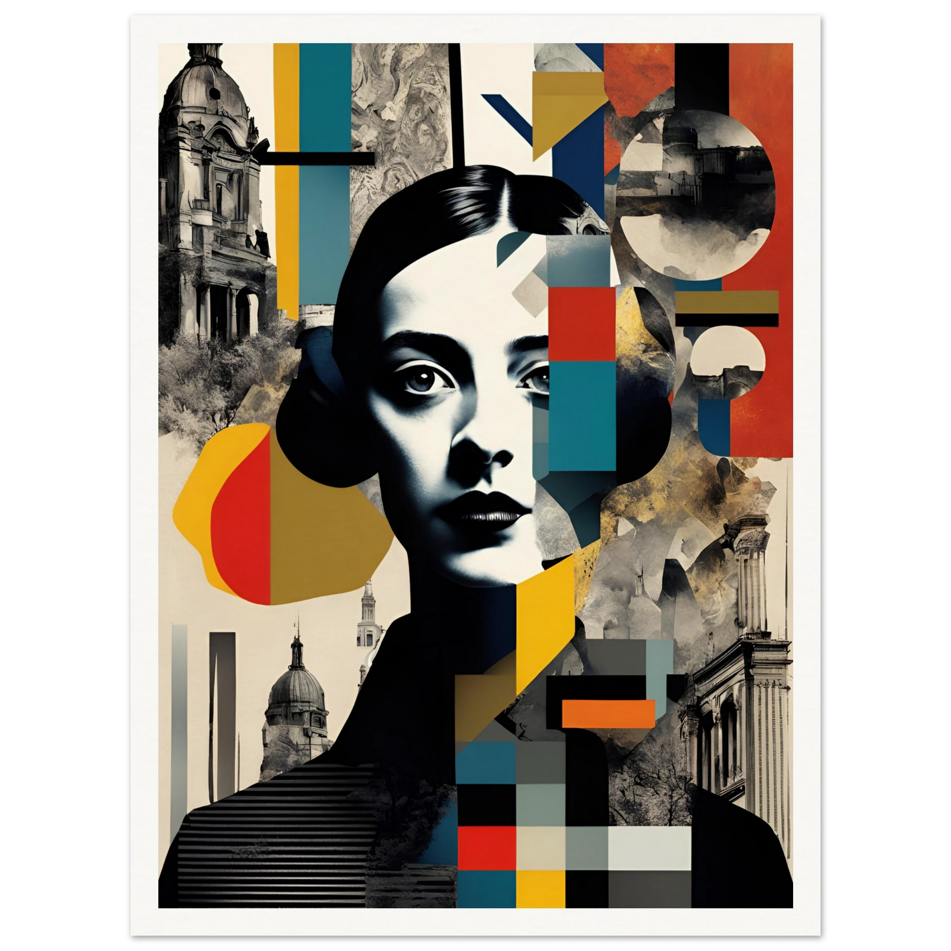 A striking portrait of a woman interwoven with geometric patterns, vintage architecture, and fragmented colors, symbolizing time and identity.